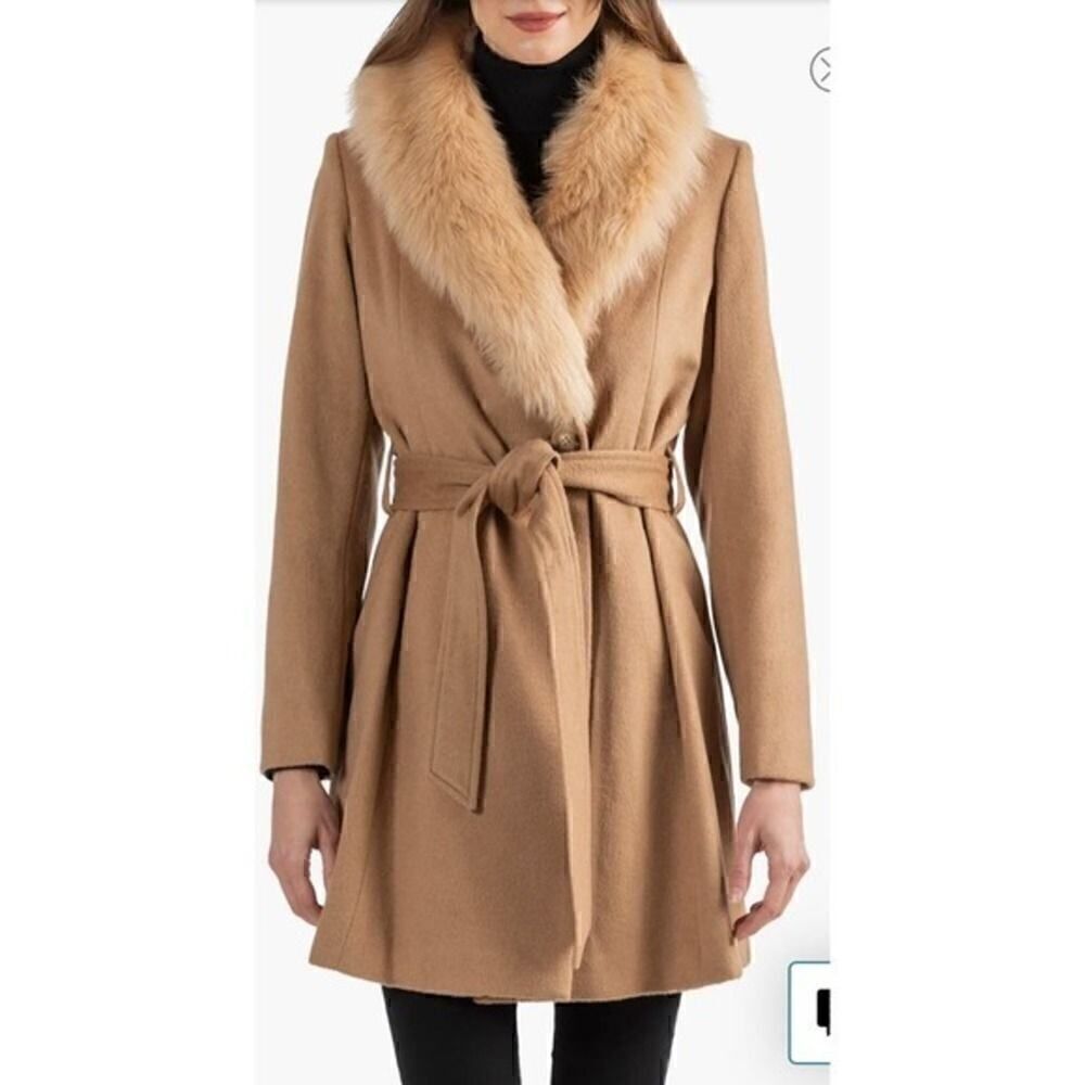 Toscana Genuine Lamb Shearling Collar Wool Blend Coat Sofia Cashmere  Size Large